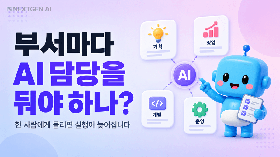 부서마다 AI 담당을 둬야 하는지 묻는 질문과 기획·영업·개발·운영 부서가 AI를 중심으로 연결된 일러스트